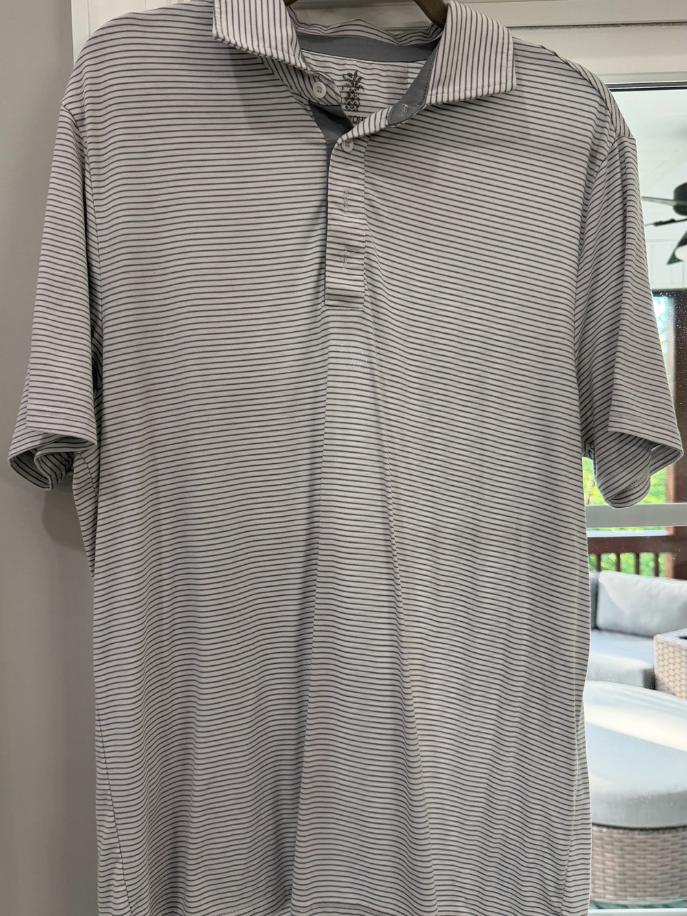 Men's White and Gray Fine-Striped Polo Shirt